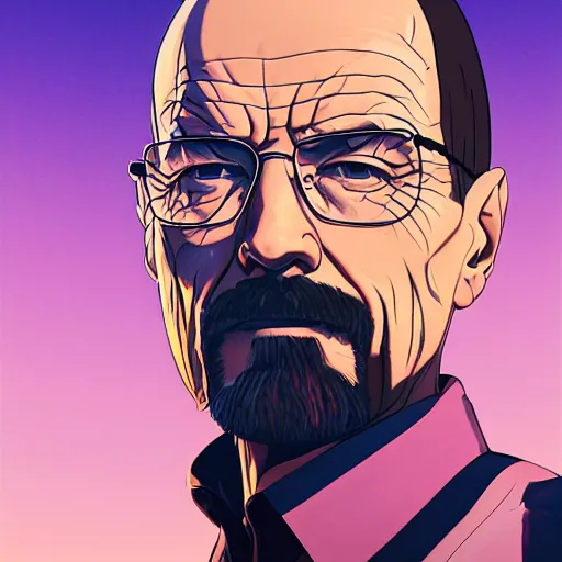 Image similar to ⁠portrait of Walter White, New Mexican desert background, rich vivid colors, ambient lighting, dynamic lighting, 4k, HQ, official media, anime key visual, makoto shinkai, ilya kuvshinov, lois van baarle, rossdraws, detailed, trending on artstation