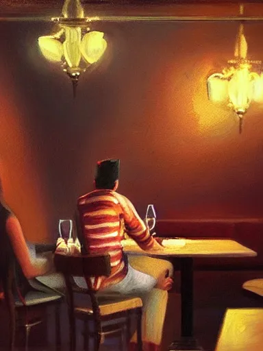 Image similar to masterpiece painting by salman toor, of a guy and a girl on a date in a restaurant, cinematic light, renaissance, atmospheric effects, artstation