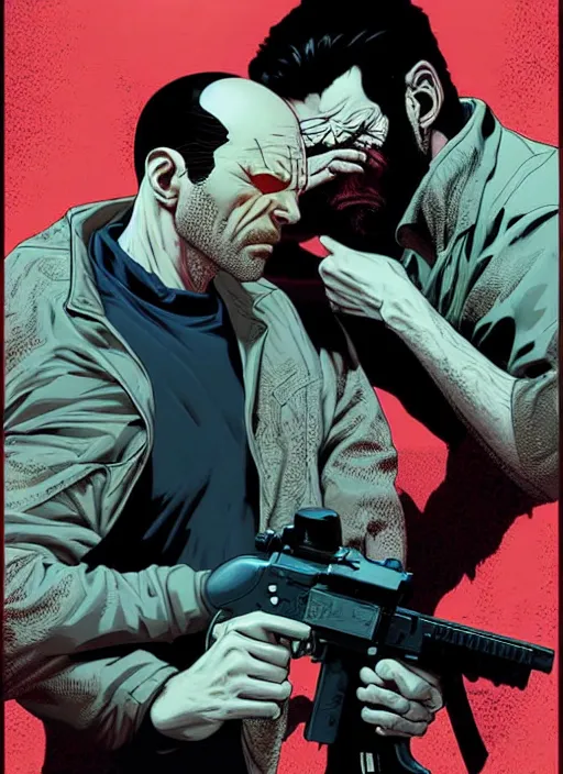 Prompt: poster artwork by Michael Whelan and Tomer Hanuka, a portrait of Max Payne dying from gunshot wounds, clean