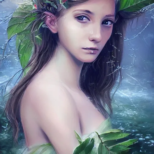 Prompt: a beautiful portrait of a water nymph with a dress made out of leaves sitting in a swamp landscape, artstation, majestic clouds