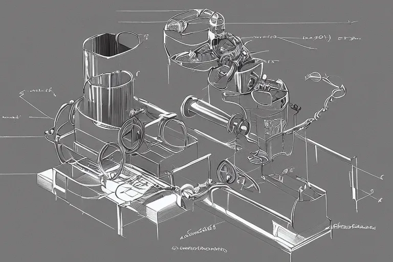 Prompt: concept sketch of a new machine which creates people out of liquid, new invention, technical drawing