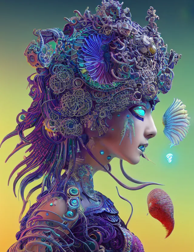 Image similar to 3 d goddess close - up profile solarpunk portrait ram skull. beautiful intricately detailed japanese crow kitsune mask and clasical japanese kimono. betta fish, jellyfish phoenix, bio luminescent, plasma, ice, water, wind, creature, artwork by tooth wu and wlop and beeple and greg rutkowski