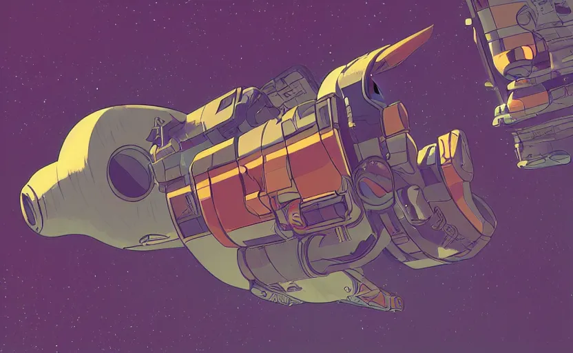 Image similar to rocket engine floating in space, moebius, stylized, james gilleard, print, game art