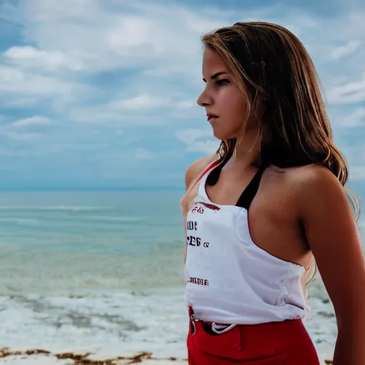 Image similar to beach lifeguard girl standing, cinematic, photo, 8k, highly detailed