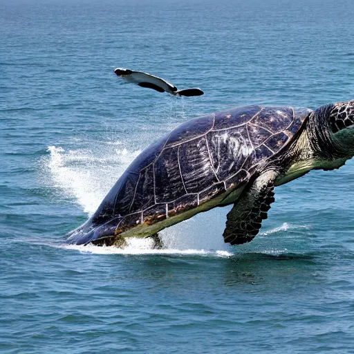 Prompt: a turtle riding a whale in the sea , photo