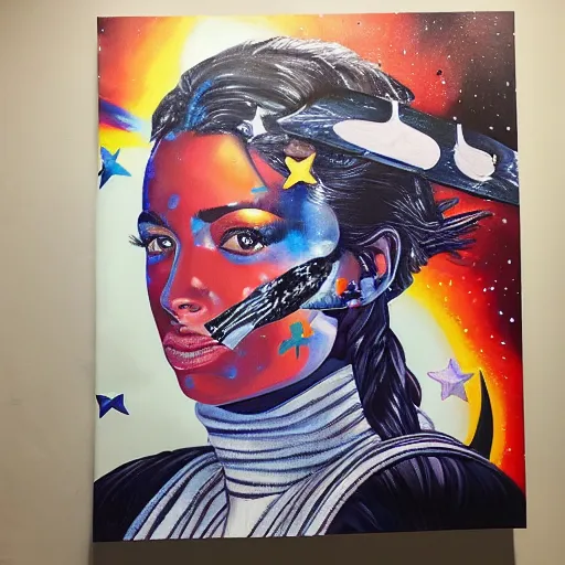 Image similar to painting of a character doing the moonwalk by Sandra Chevrier in a cosmic scenic environment, trending on Artstation, hyperdetailed, beautiful, stars, planets, nebula, medium shot, mid-shot