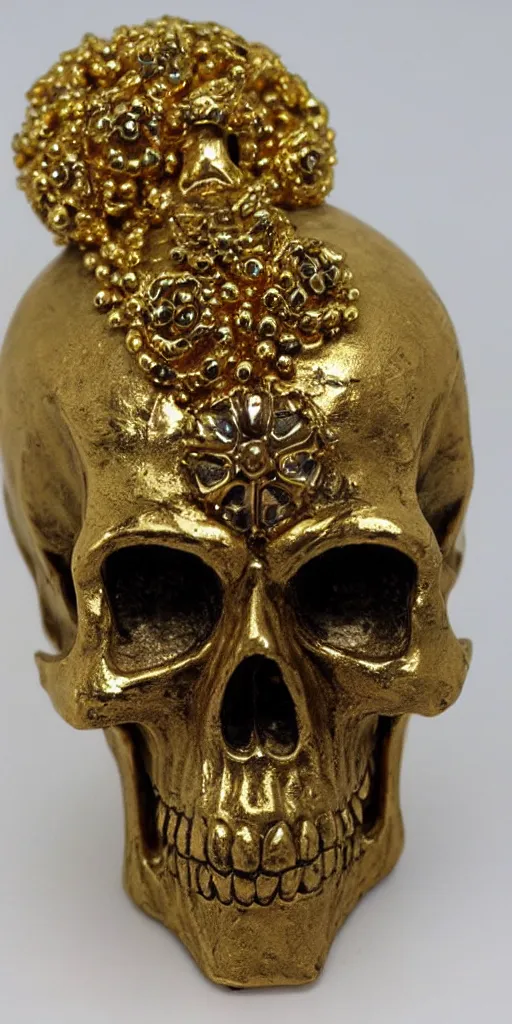 Prompt: ornate gold skull realistic 3 d covered in jewels antique