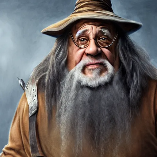 Image similar to danny devito as gandalf, deviantart, smile, ultra realistic illustration, final fantasy, high quality, full color, full body, lotr movies, wizard hat