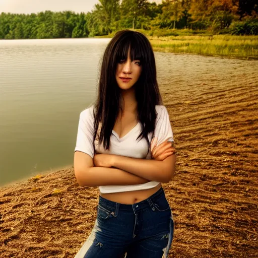 Prompt: real life photo of a beautiful girl, full body photoshoot, long black hair, full round face, short smile, brown shirt, lake setting, cinematic lightning, medium shot, mid - shot, highly detailed, trending on artstation, unreal engine 4 k, 8 0 mm, 8 5 mm, cinematic wallpaper