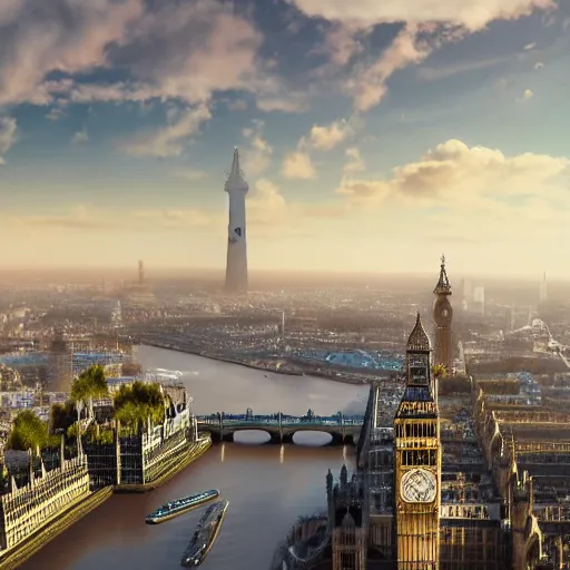 Prompt: A futuristic sky garden floating over polluted London in the year 2500, photorealistic, Big Ben, London Eye, Houses of Parliament, London, highly detailed, 4k, 8k