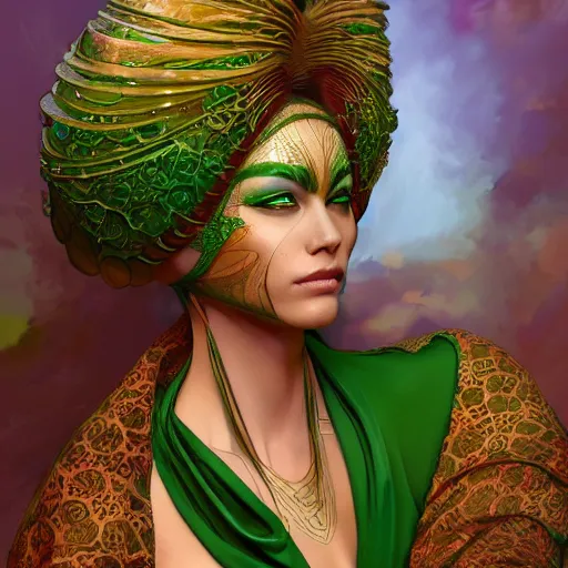 Image similar to a beautiful woman wearing a green kaftan made of silk with golden ornaments by alex gray and android jones , Karol Bak, Ayami Kojima, Amano , concept art, character design, fantasy,3D, 8k resolution