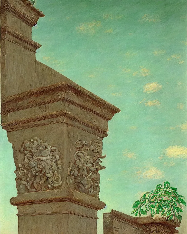 Image similar to achingly beautiful painting of intricate ancient roman corinthian capital on jade background by rene magritte, monet, and turner. giovanni battista piranesi.