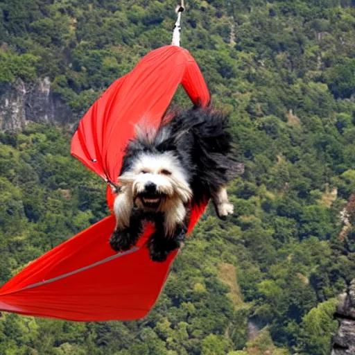 Prompt: a hairy dog with a big parachute jumping from a cliff