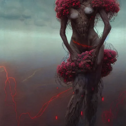 Image similar to A woman wearing clothes made out of thunder clouds and flowers, giant monsters in the background, red skin, Masterpiece, glowing, wires everywhere, by Edgar Maxence and Ross Tran, Zdzisław Beksiński, and Michael Whelan, distant, gustav dore, H.R. Giger, 8k, octane render