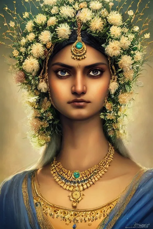 Image similar to a pale Indian girl with white hair, floral crown, sad blue eyes, cinematic lighting, ultra detailed, highly detailed, sharp focus, golden background with flowers, golden jewellery with blue sapphires, photographic, art by artgerm and greg rutkowski and zdislav beksinski