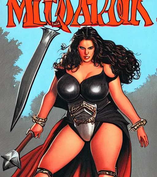 Prompt: 1 9 8 0 s fantasy novel book cover, bbw plus size amazonian natalie portman in extremely tight bikini armor wielding a cartoonishly large sword, exaggerated body features, dark and smoky background, low quality print