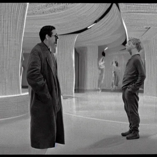 Prompt: green orc in the background kubrick staring at two men having a conversation in the foreground