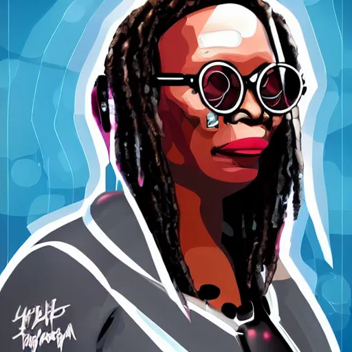 Image similar to cyberpunk robotic whoopi goldberg, sharp lines, digital, artstation, colored in