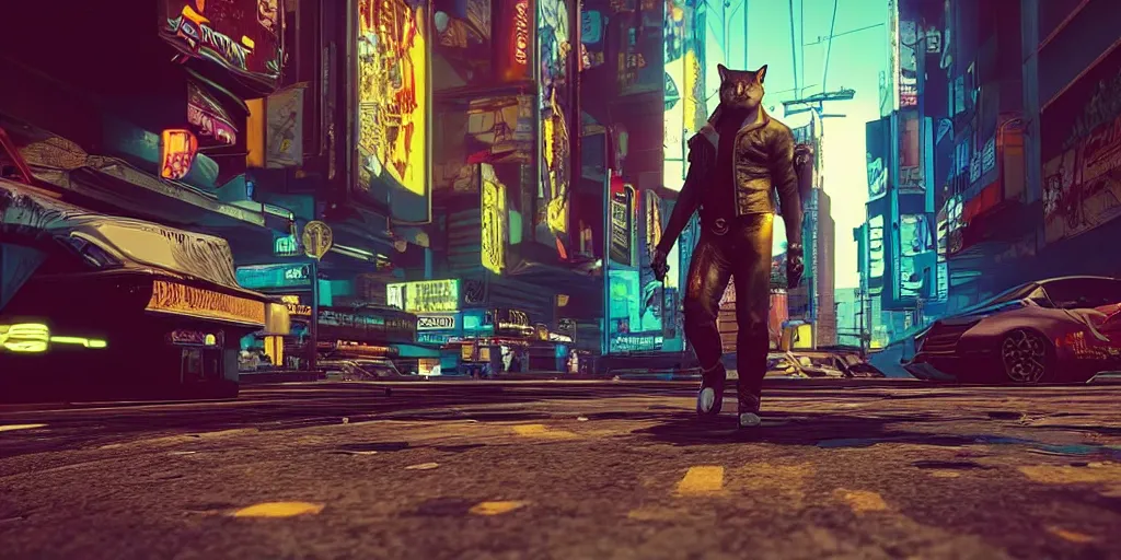 Prompt: “beautiful up close photo of a cat walking in the streets of night city’s corpo plaza, cyberpunk 2077”