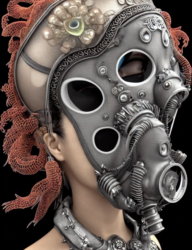 Image similar to 3 d goddess close - up profile punk portrait with vintage gas mask ram skull. beautiful intricately detailed japanese crow kitsune mask and clasical japanese kimono. betta fish, jellyfish phoenix, bio luminescent, plasma, ice, water, wind, creature, artwork by tooth wu and wlop and beeple and greg rutkowski