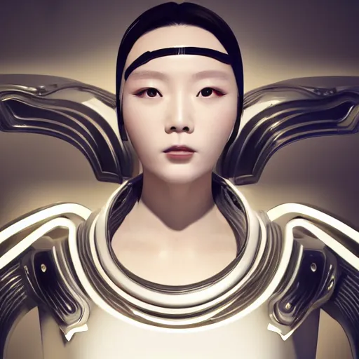 Image similar to futuristic korean inspired avant-garde art, deco fashion, highly detailed, photorealistic portrait, bright studio setting, studio lighting, crisp quality and light reflections, unreal engine 5 quality render