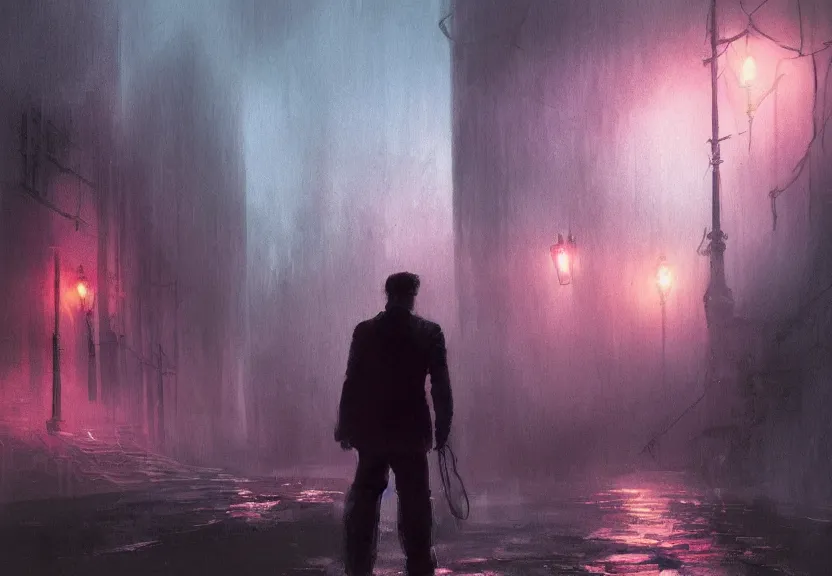 Prompt: painting of the figure of a man in a haunting scenery, 8 0's, stephen king, high contrast, concept art, fully colored, purple filter, neon, dramatic lighting, digital art, 8 k, arkham city, call of cthulhu, extremely detailed, drawn by ruan jia