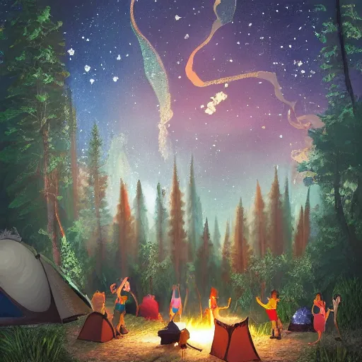 Image similar to « Epic illustration of a group of adventurers camping in a forest full of fairys at the night full of stars, with a very beautiful background and lights »