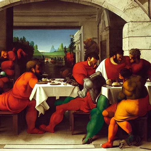 Prompt: the last dinner, painting by Michelangelo