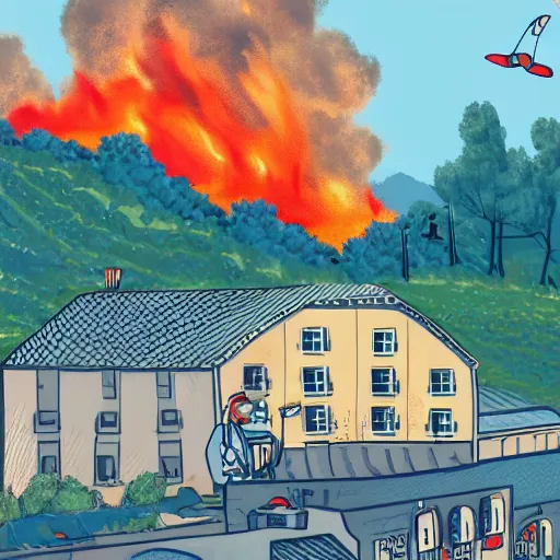 Prompt: french cheese factory on fire, illustration, beautiful, 8 k