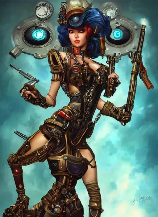 Image similar to front portrait of attractive Lady Mechanika holding a shotgun with both hands, Intrincate background with steampunk imagery , D&D!, fantasy style, sharp focus!, ultra detailed, art by Artgerm and Peter Andrew Jones, WLUP