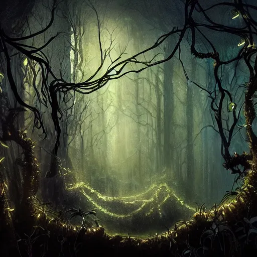 Image similar to a beautiful painting of a magic dark ancient forest, bioluminiscent vegetation, vines, a thousand lights, volumetric light, artistic, matte painting, digital art, dramatic, by marco mazzoni and arthur rackham, artstation