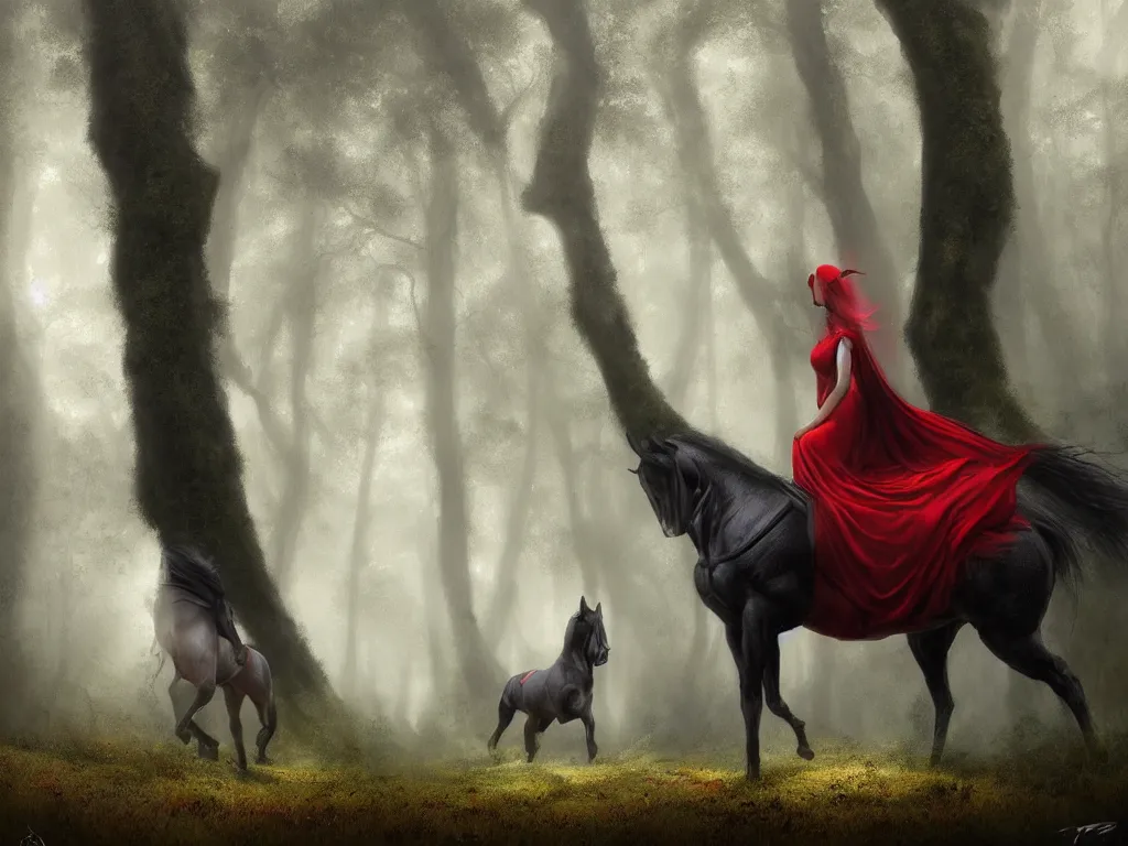 Prompt: a female beauty wearing a red cap rides through a dense green oak and beech forrest on a strong black horse, rays of life, cinematic, fantasy art, moody evening light, foggy, trending on artstation, by esao andrews, by cynthia sheppard, by naoto hatori, by tyler jacobson