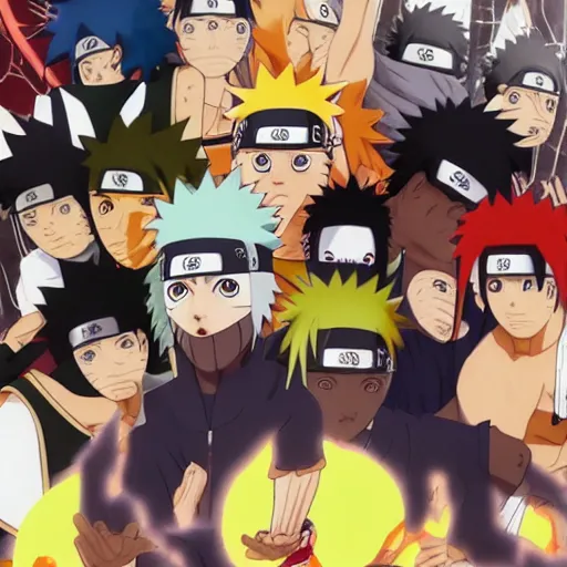 Image similar to the characters of naruto shippuden in a pickup basketball game, 8k, highly detailed, art station, professional artist, hyper detailed, naruto uzumaki, kakashi hatake,