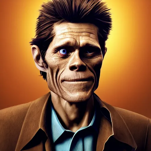 Image similar to photo portrait of willem dafoe cosplaying as postal dude, willem dafoe, realistic, hyperrealistic, 8 k resolution, hd quality, very detailed, highly detailed, intricate details, real life, real world, trending on artstation, digital art, really realistic, very realistic, headshot, head in frame, photograph, portrait, head in frame