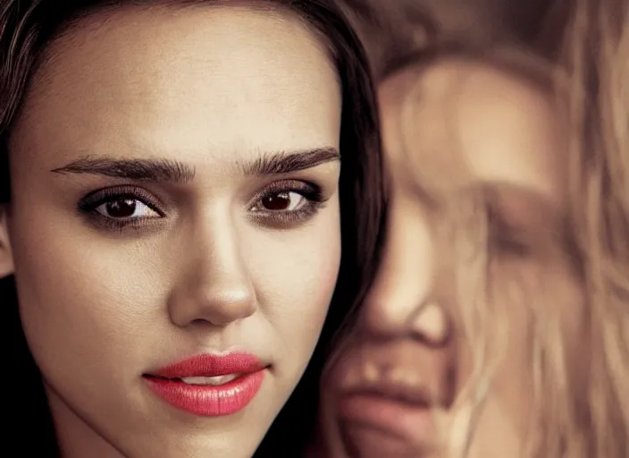 Image similar to a closeup, 4 5 mm, detailed photograph of a woman looking at camera with a seductive smile, half jessica alba half nathalie portman half scarlett johansson, beautiful low light, 4 5 mm, by franz lanting