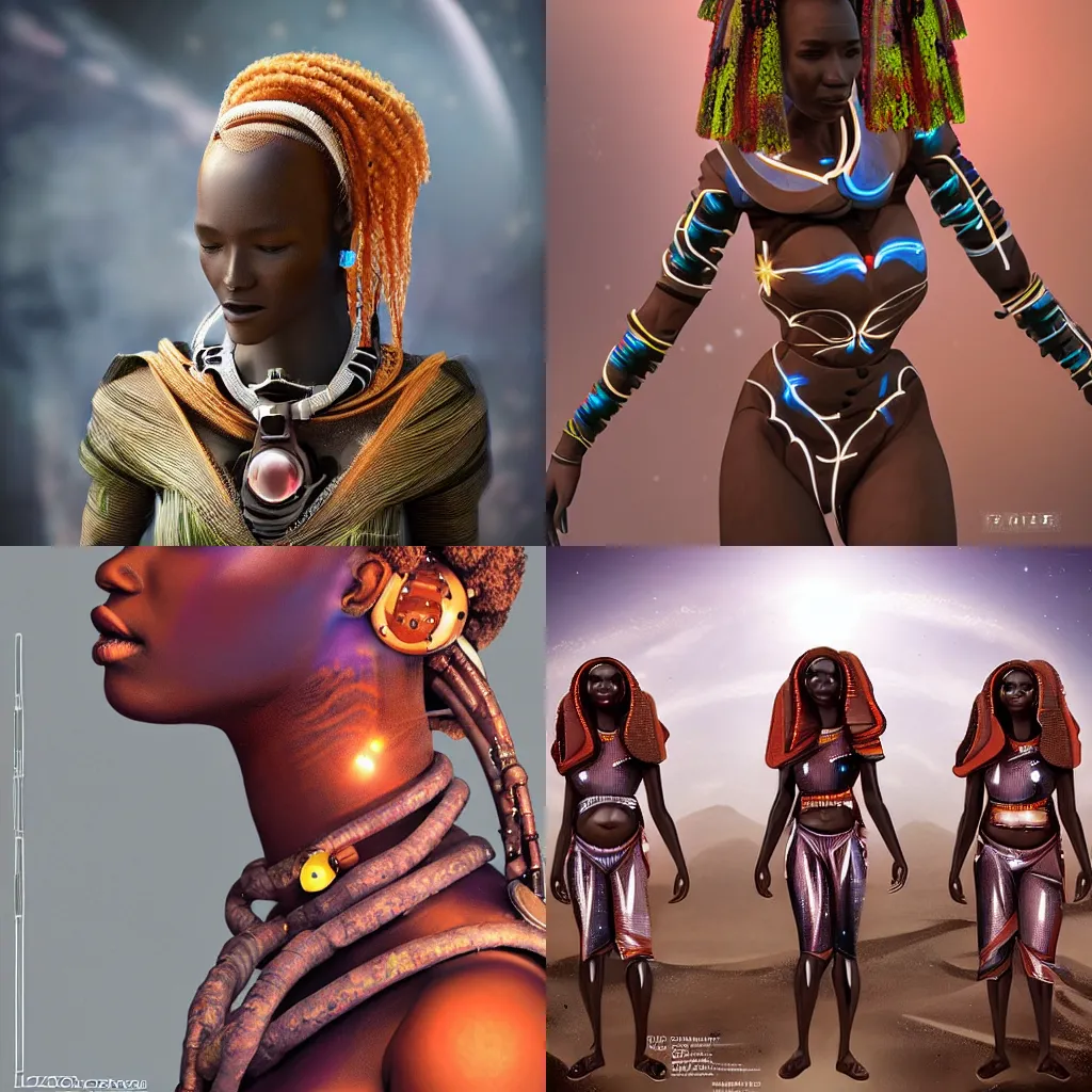 Prompt: beautiful afrofuturistic himba women, otjize, glowing spacesuit, himba hairstyle, led details, robotic arms, hyperrealistic, scifi, concept art, stylized, dark, muted colors