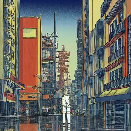 Prompt: a tall man standing next to a huge car in a street, tokyo city in the background, people walking in the distance, reflections on wet streets, dieselpunk style, steampunk, art by jean giraud and juan gimenez ; architecture by francois schuiten, beautiful illustration, drawing, painting, clean lines, digital art, symmetric, colorful retrofutur, artstation