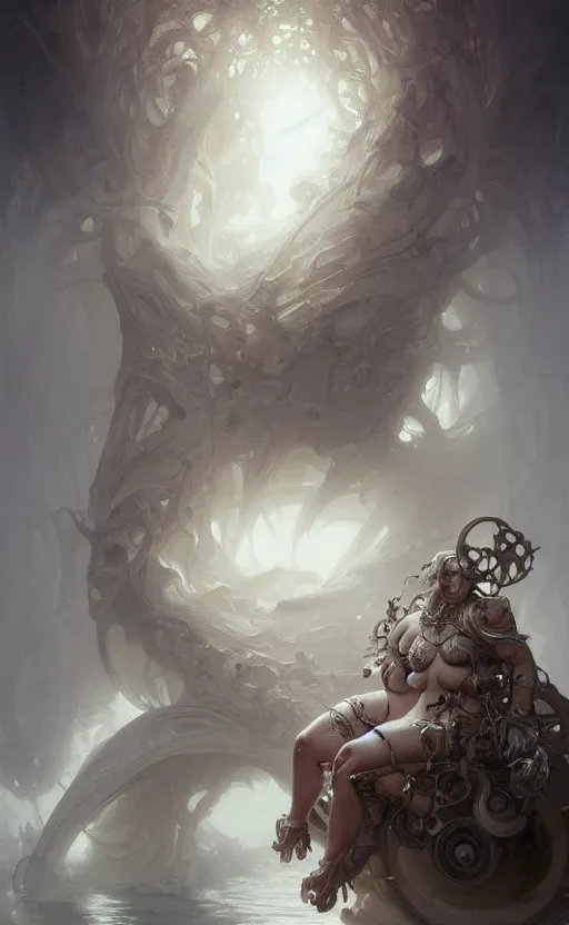 Image similar to portrait of a gigantic white monstrosity, a fat tank monster made of melted white bodies, concept art, deep focus, fantasy, intricate, highly detailed, digital painting, artstation, matte, sharp focus, illustration, art by artgerm and greg rutkowski and alphonse mucha