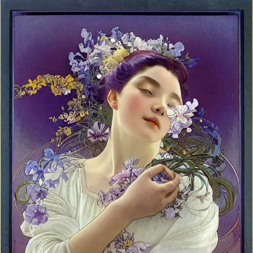 Image similar to perfume bottle surrounded by artistic, blurred blue and lilac flowers, white background, simple path traced, environment, up close shot shinji aramaki, karol bak, alphonse mucha