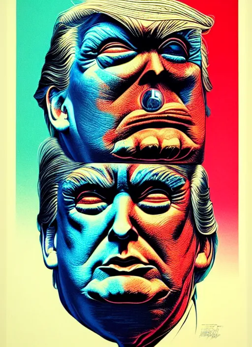 Image similar to risograph of donald trump's grotesque true form revealed, horror, high details, intricate details, by vincent di fate, artgerm julie bell beeple, 1 9 8 0 s, inking, vintage 8 0 s print, screen print