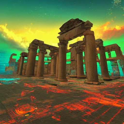 Image similar to neon ancient ruins in the sea, retrowave art,digital art,trending on art station