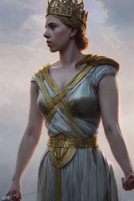 Prompt: Scarlett Johansson as the Queen of Greece, anatomy, only two hands, highly detailed, digital painting, artstation, concept art, smooth, sharp focus, illustration, Unreal Engine 5, 8K, art by art by artgerm and greg rutkowski and edgar maxence