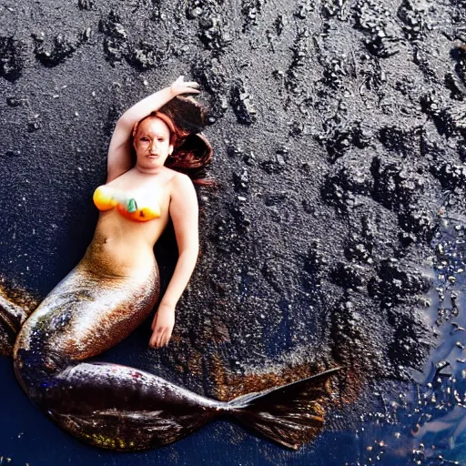 Prompt: A mermaid stuck in an oil spill, full body, photography, 4K