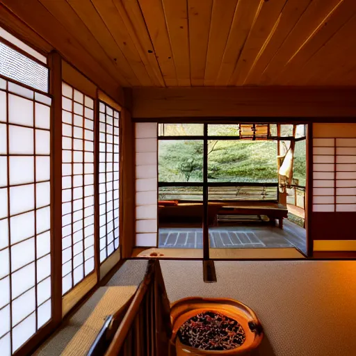 Image similar to inside a cozy wooden Japanese house with a indoor koi pond, bonsai trees, stream flowing through the house, unseen marine life, golden hour, peaceful, calm, atmospheric