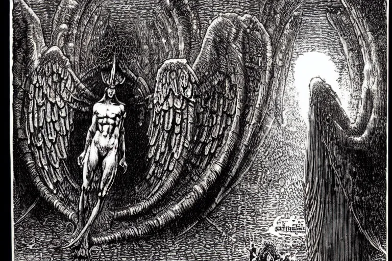 Image similar to fallen angel begs to enter the gates of hell by philippe druillet and gustave dore and les edwards and much a and moebius and hieronymus bosch