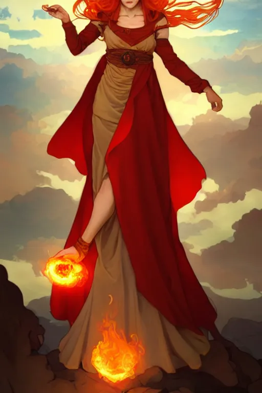 Image similar to a beautiful fire bender mage girl holding a fireball, ginger hair with freckles, wearing long flowing red robes inspired by alphonse mucha, standing on a mountain top with epic clouds and godlike lighting, intricate illustration and highly detailed digital painting. concept art by artgerm. inspired by brom art and larry elmore.