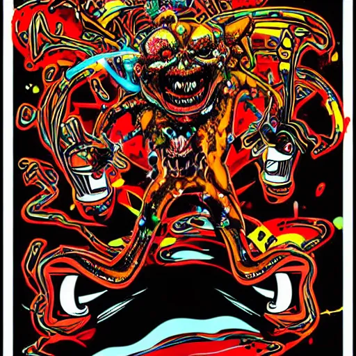 Image similar to todd mcfarlane art, artgerm, psychedelic laughing demon, rocking out, headphones dj rave, digital artwork, r. crumb, svg vector