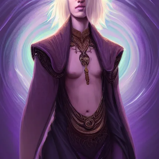 Image similar to portrait of an androgynous human mage, with dirty blonde hair, purple eyes, dnd, high fatnasy, intricate, elegant, highly detailed, digital painting, artstation, concept art, smooth, sharp focus, illustration, by anato finnstark, boissb - blanca. j, cindy avelino, clint cearley, anna podedworna