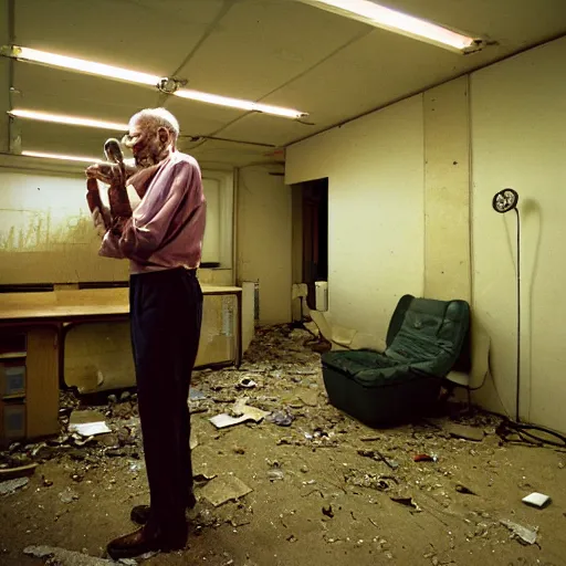 Image similar to In an decaying abandoned call centre office at night , A skinny old Man with a old television strapped to his back ,flexible industrial pipes join his ears and mouth to the television, fibres trial on the floor ,Kodak portra 400 volumetric lighting