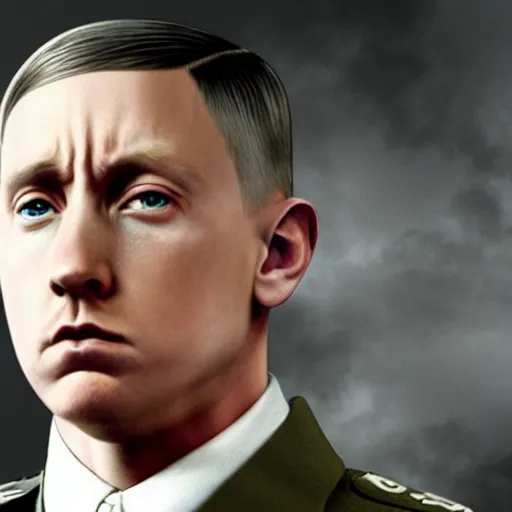 Prompt: award-winning photograph of Eminem as Adolf Hitler, highly detailed, ultra realistic, 8k, cinematic